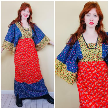 1970s Vintage Young Innocent Red and Blue Cotton Maxi Dress / 70s Kimono Sleeve Floral and Berry Print Prairie Gown / Size Medium 