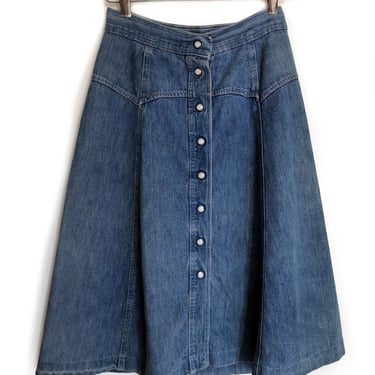 Vintage 1970s WESTERN Blue Jean Denim Skirt, METAL SNAPS, Hippie, Boho, A-line, Rockabilly Jeans Dress 
