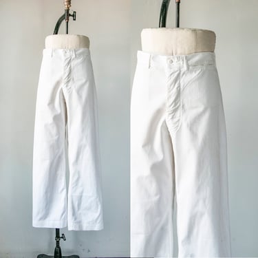 1970s Sailor Pants White Cotton High Waist Wide Leg Navy 32" 