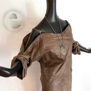 Vintage 80s Couture Distressed Leather Dress | Taupe Brown Adjustable Zippered Cold Shoulder Paper Bag Dress Brass Hardware | Punk New Wave 