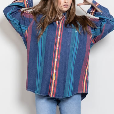 STRIPE DENIM SHIRT Vintage Stripes Blue Jean Cotton Menswear Workwear Work Shirt 90's Oversize / Extra Large 