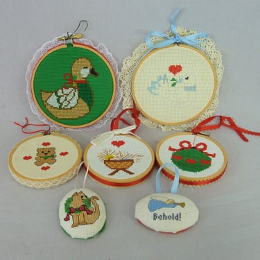 Vintage Cross Stitch Christmas Ornaments - Lot of 7 - Wooden Hoops - Peace Dove Duck Jesus in Manger Teddy Bear Cat Angel Bulb 