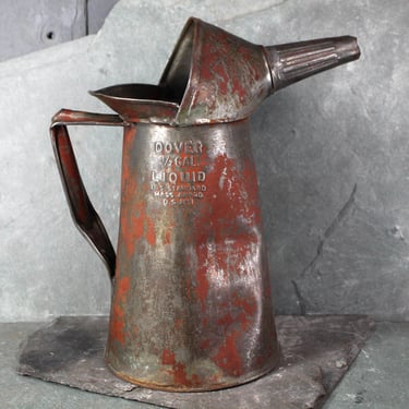 RARE! Antique Distressed Half-Gallon Dover Oil Can | Vintage Metal 1/2 Gallon Pouring Oil Can | 1940s Rustic Oil Can | Bixley Shop 