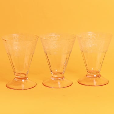 Set of 3 50s Pink Pastel Clear Glass Vintage Etched Adorned Cocktail Glasses 