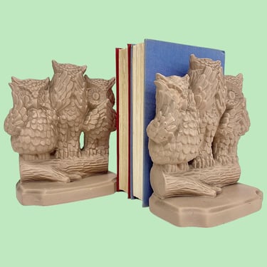 Vintage Owl Bookends Retro 1970s Bohemian + See, Hear, Speak No Evil + Ceramic + Light Mauve Color + Matte + Set of 2 + Book Display/Storage 