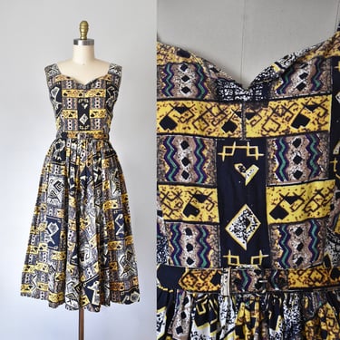 Paradise HAND BLOCKED 40s sundress, 1940s dress, rockabilly 1950s dress, novelty print, african print dress 