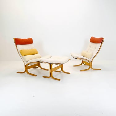 set of 2 Mid century rare cotton armchair “Siesta” and ottoman by  Ingmar Relling, Westnofa Furniture, Norway. 1990s 