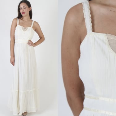 70s Candi Jones Boho Wedding Dress Size 11, Vintage White Bridesmaids Prairiecore Gown, Thin Spaghetti Strap Sundress 