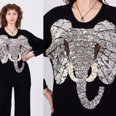 80s Black Angora Sequin Elephant Sweater - Small to Medium | Vintage Embellished Knit Batwing Sleeve Pullover Jumper 