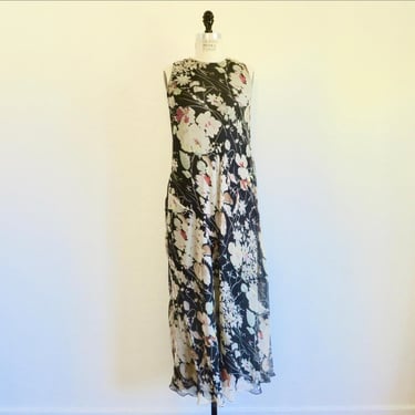 DKNY 1990's Black White Red Silk Floral Chiffon Bias Cut Long Maxi Dress Sleeveless Style 90's Spring Summer Size 10 Medium 