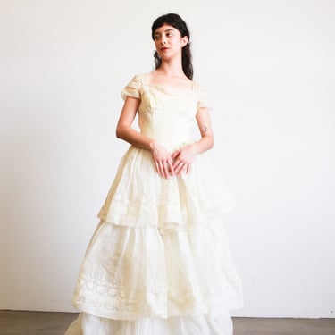1950s Ecru Tiered Organza Embroidered Gown 