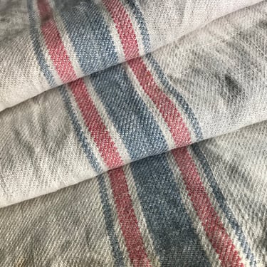 French Linen Laundry Sack, Blue Red Stripe, Grain Flour Sack, French Upholstery Sewing Project Textile 