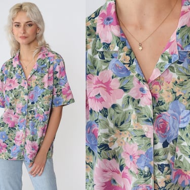 Floral Blouse 90s Button up Shirt Short Sleeve Top Flower Rose Print Collared Summer Boho Retro White Blue Pink Green Vintage 1990s Medium M 