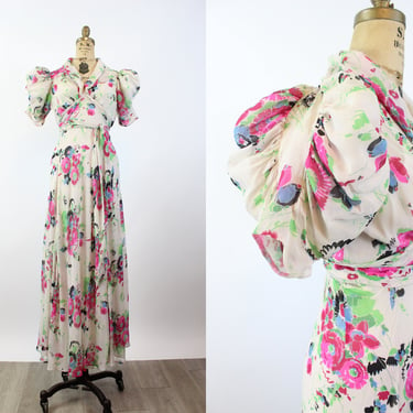 1930s SILK FLORAL puff sleeves gown small | new winter 
