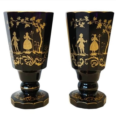 Antique 1870's Pair of Bohemian Gold Gilt Dark Amethyst Purple Glass Vases / Goblets gold gilt courting scene tree and scroll decoration 