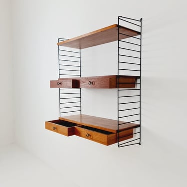 Original MCM Teak shelving system - consists of black lacquered metal ladders, from string Stockholm 1960s 