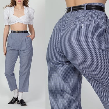 80s Lizsport Gingham High Waist Trousers - Small, 27" | Vintage Blue White Pleated Cotton Ankle Pants 