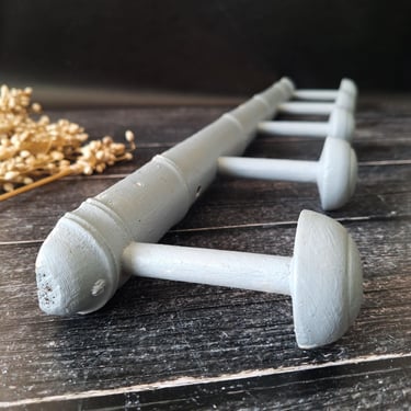 French Antique Gray Faux Bamboo Wooden Coat Rack 5 Pegs, 28" (72 cm), Mushroom Wood Rack, Rustic French Farmhouse, French Hat Rack Vintage 