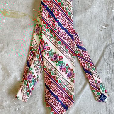 Vintage 1970s Polo Ralph Lauren Paul Stuart Blue Cream Red Green Linen Floral Striped Necktie 