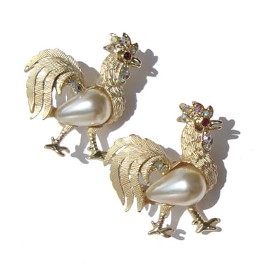 Vintage Rooster Pins Rhinestone & Pearl Brooches – Set of 2 