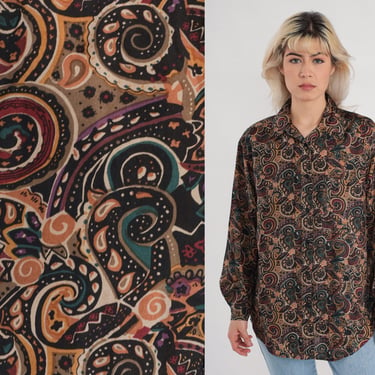90s Silk Blouse Button Up Shirt Abstract Paisley Swirl Print Bohemian Top Retro Long Sleeve Boho Hippie Collared Brown 1990s Vintage Small S 