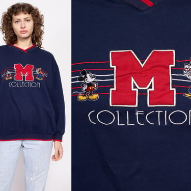 90s Mickey & Co M Collection Elbow Patch Sweatshirt - Extra Large | Vintage Navy Blue Disney Cartoon Varsity Pullover 