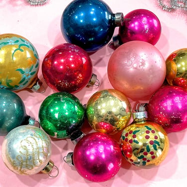 VINTAGE: 13 Old Mercury Glass Ball Ornaments - Colorful Holiday Glass Bulbs - Millinery - Crafts 