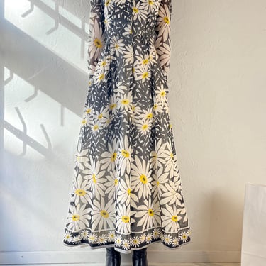 70s Daisy Print Collared Maxi Dress / Vintage 70s Long Sleeve Hippie Boho Sun Dress / Small 