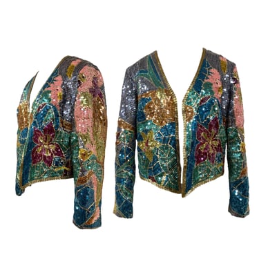 Vtg Vintage 1970s 70s 80s 1980s Designer Jack Bryan Flyaway Floral Sequin Jacket 