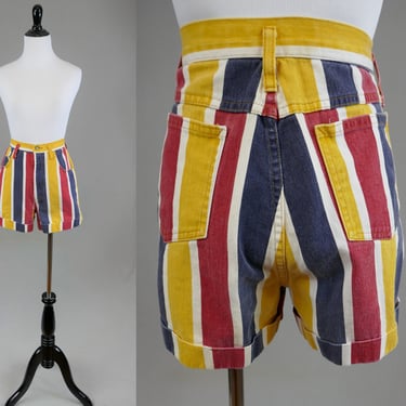 90s Striped Denim Shorts - 27" waist - Red White Blue Yellow Stripes - Cotton Jean Style - Not Guilty - Vintage 1990s - S 