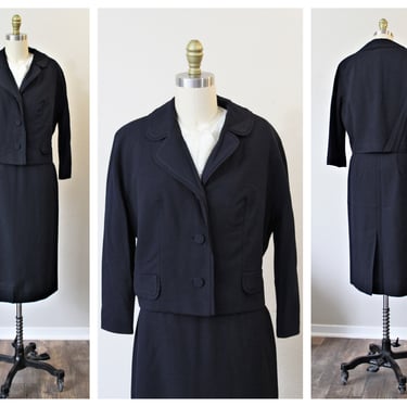 Vintage 50s NOS Forstmann Navy Blue Fancy Virgin Wool Suit Jacket Skirt Set Unworn Betty Rose  // Modern Size US 6 Small 