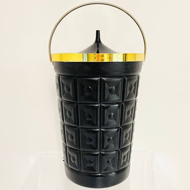 Vintage 1970s MID Century Modern Lustro Ware Black Gold Atomic Circus Top Decor Ice Bucket Wine Chiller Barware Geometric Cube Pattern 