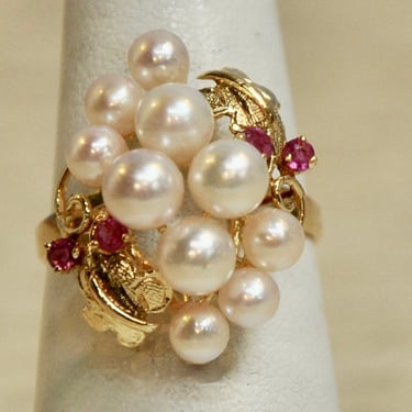 Pearl and Ruby Ring 10 Natural Salt Water Pearls & Four Rubies 14K Yellow Gold Size 7 1/2 Gift for Her Mint Condition Cluster Cocktail Ring 