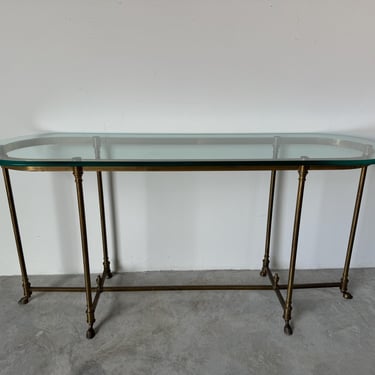 Hollywood Regency Labarge Brass & Glass Hoofed Feet Sofa / Console Table 