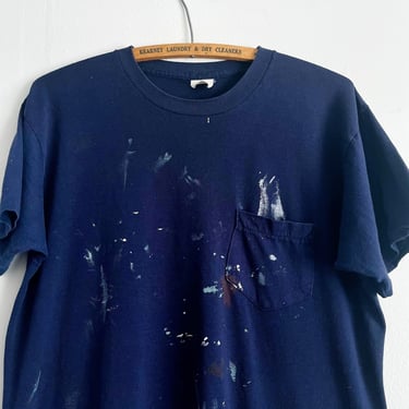 Vintage 80s Blank Pocket T Shirt Paint Splatter Work Shirt Faded Single stitched size L 