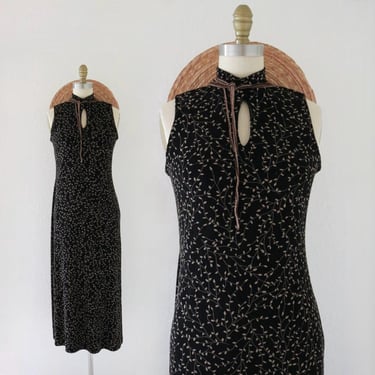 ditsy stretch knit maxi dress - s - vintage 90s y2k black womens size small peekaboo fall sleeveless 