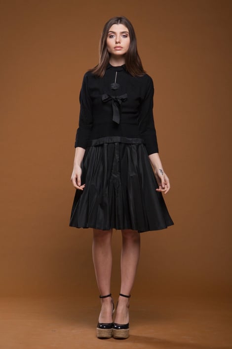 vintage 40s 1940s black dress wool knit taffeta bow keyhole full skirt knee length SMALL MEDIUM S M 