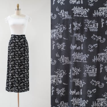 long black skirt | 90s y2k vintage French Parisian street cafe novelty print cottagecore elastic waist silky long maxi skirt 