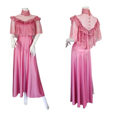 J C Penny's 1970's Romantic Dusty Rose Lace Caplet Long Maxi Dress I Sz Lrg I Pink I Prom I Stevie Nicks 