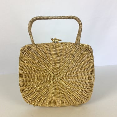 Vintage early 60s purse | Vintage gold woven evening bag | 1960s Koret basket weave handbag 