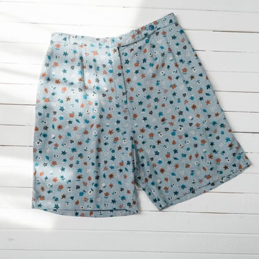 high waisted shorts | 80s 90s vintage white blue plaid floral pattern elastic waist wide leg shorts 