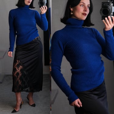 Vintage 80s CHRISTIAN DIOR Royal Blue Ribbed Angora Rabbit Hair & Lambs Wool Turtleneck Sweater Blouse | 1980s DIOR Designer Womens Sweater 