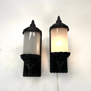Restored Pair 1920s Vintage Sconces with Cylindrical Glass Shades FREE SHIPPING 