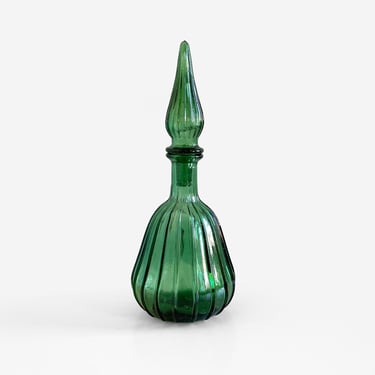Vintage Empoli Verde Green Ribbed Glass Genie Bottle Decanter with Flame Stopper 