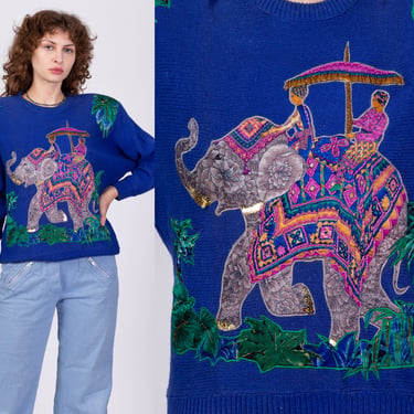 80s Royal Blue Elephant Knit Sweater - Medium | Vintage Batwing Sleeve Oversized Applique Animal Pullover 