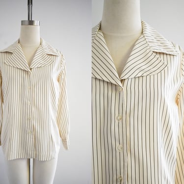 1970s Cream and Black Striped Blouse 