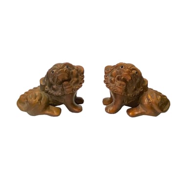Chinese Pair Wood Carved Mini Foo Dog Lion FengShui Figures ws2365E 