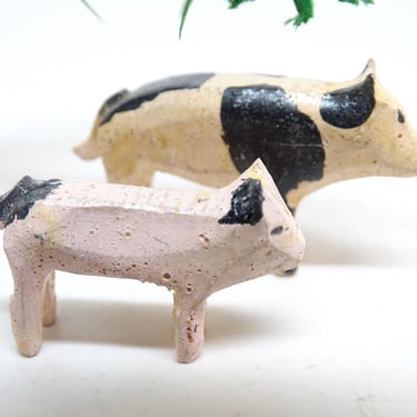 Antique 1940's Small German Wooden Pig and Piglet, Vintage Hand Carved Hand Painted Toy for Christmas Putz or Nativity 