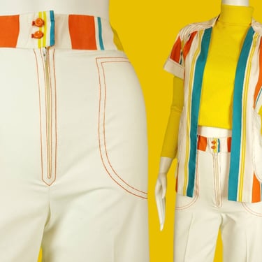 Vintage mod pantsuit set. Playful summer colorblock. Lightweight cotton/poly. Short sleeve smock. High rise wide leg pants. XS 