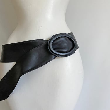 Black Leather Slide Belt with Oval Buckle • High Quality • Via Spiga • Rockabilly Pin-Up Wardrobe Accessory • Size Large or Extra Large L XL 